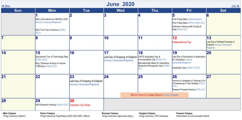 Calendar of Activities - AY 2019-2020 - June 2020