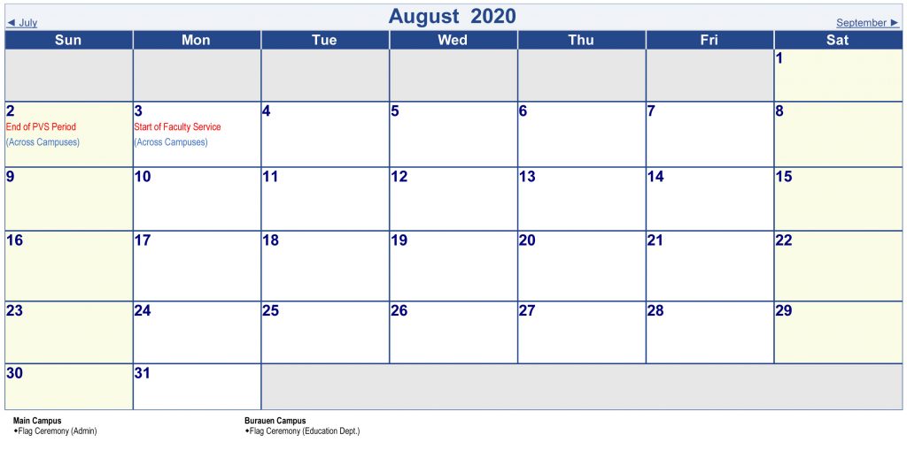Calendar of Activities - AY 2019-2020 - August 2020