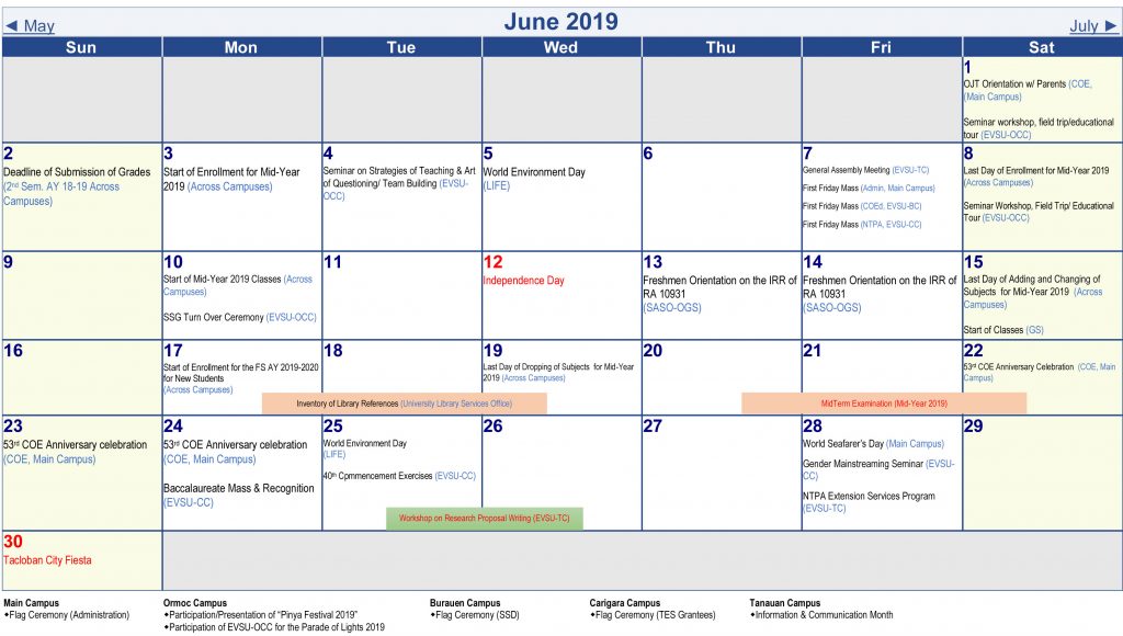Calendar of Activities - AY 2019-2020 - June 2019