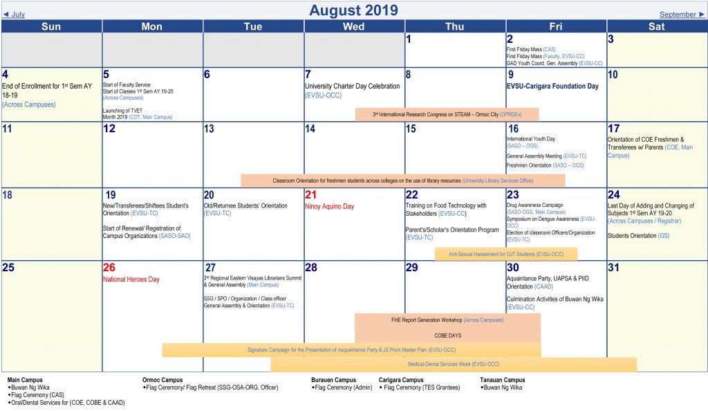 Calendar of Activities - AY 2019-2020 - August 2019