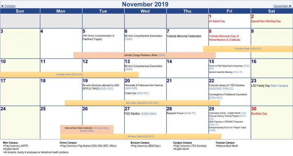Calendar of Activities - AY 2019-2020 - November 2019
