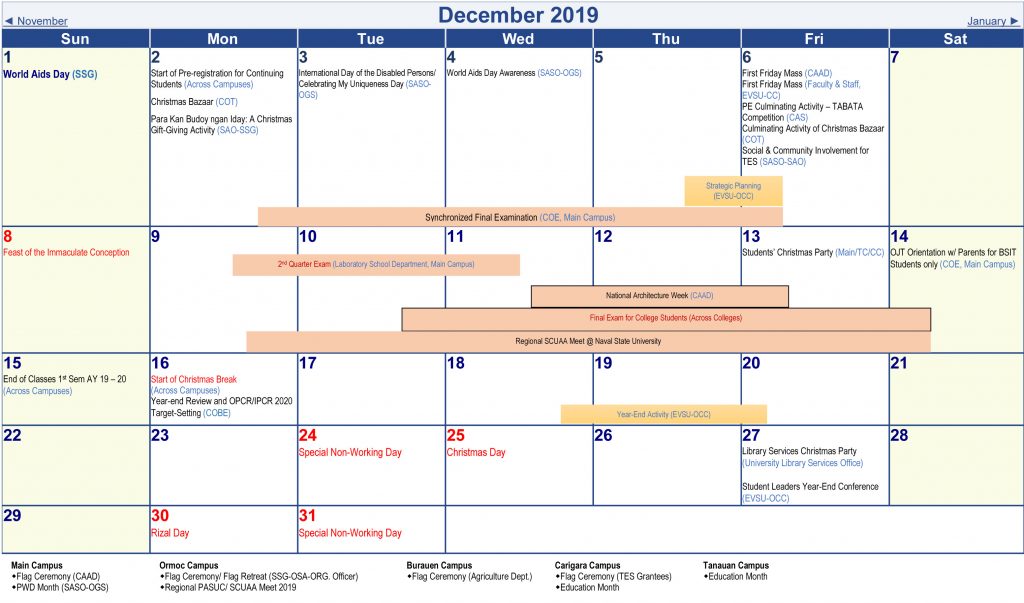 Calendar of Activities - AY 2019-2020 - December 2019