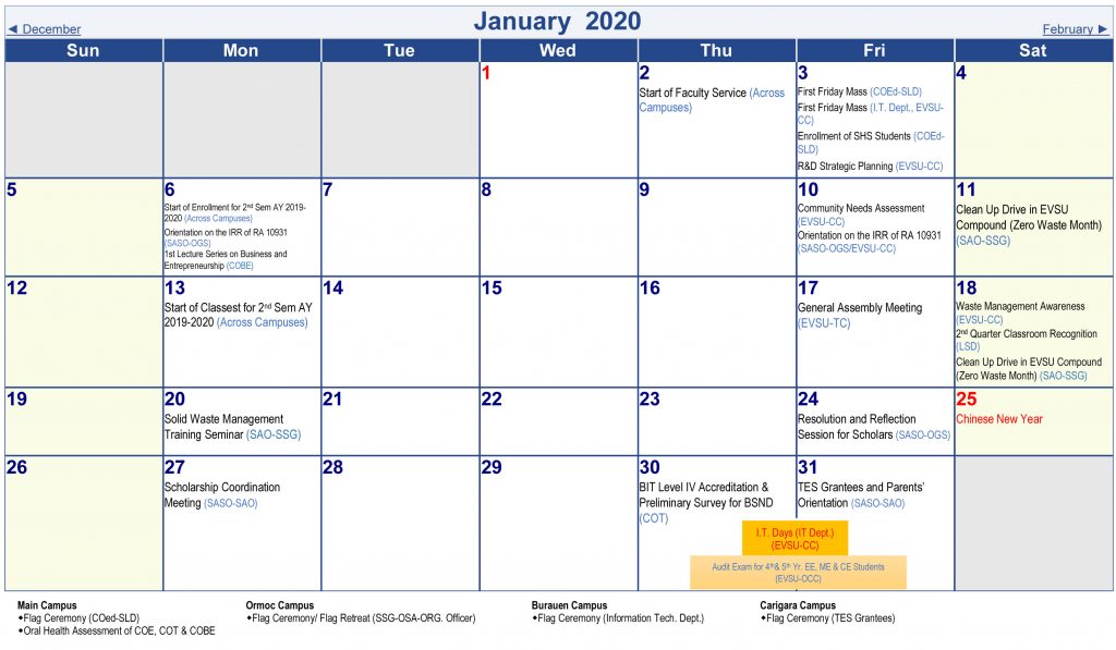 Calendar of Activities - AY 2019-2020 - January 2020