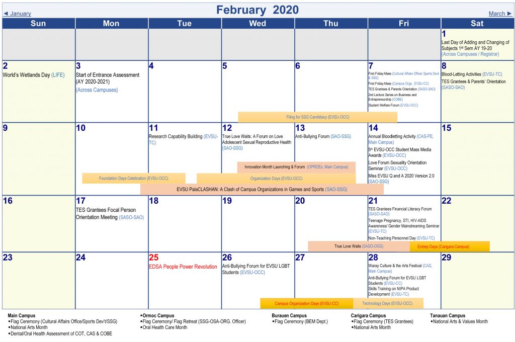 Calendar of Activities - AY 2019-2020 - February 2020